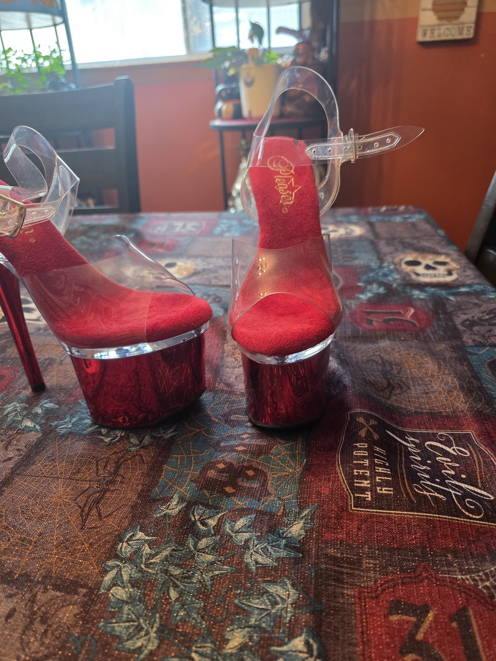 PLEASER Sexy Shoes Metallic Red Chrome Platform Pole Dancing Heel